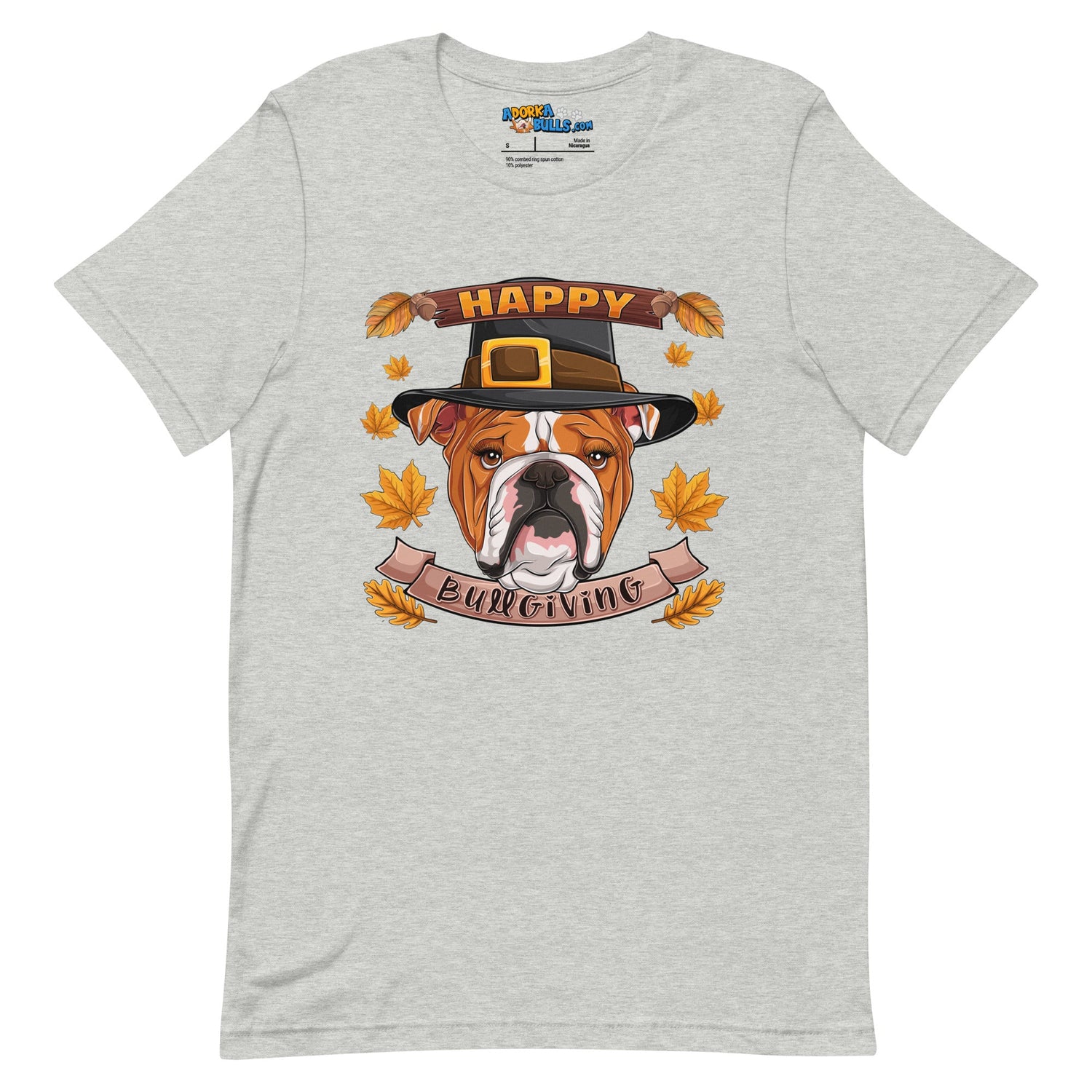 "Happy Bullgiving" English Bulldog Unisex Tee | Red & White Colored Female
