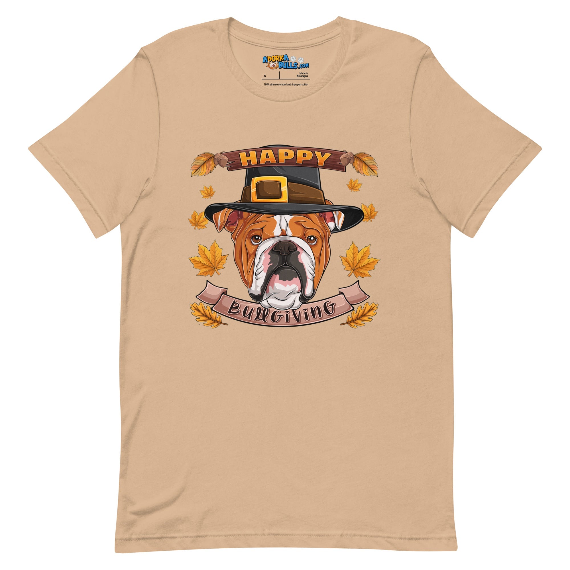 "Happy Bullgiving" English Bulldog Unisex Tee | Red & White Colored Male
