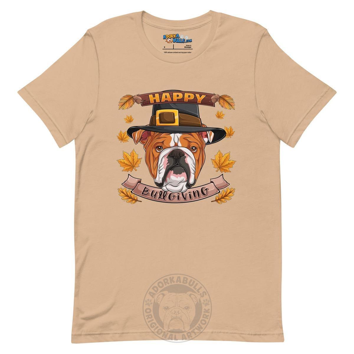 "Happy Bullgiving" English Bulldog Unisex Tee | Red & White Colored Male