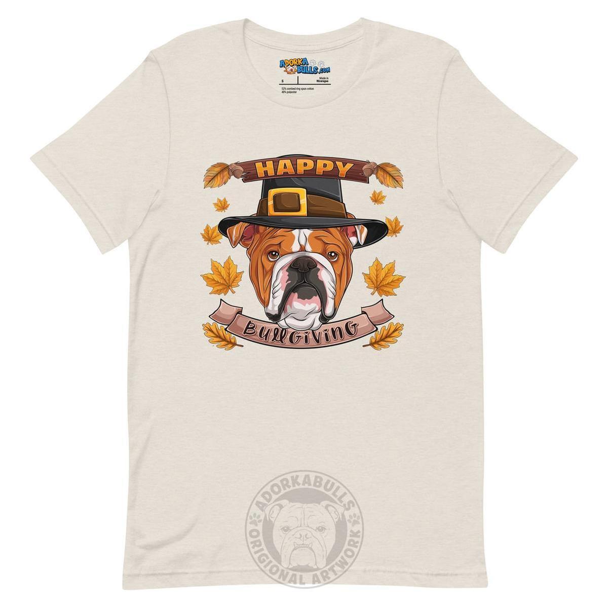 "Happy Bullgiving" English Bulldog Unisex Tee | Red & White Colored Male