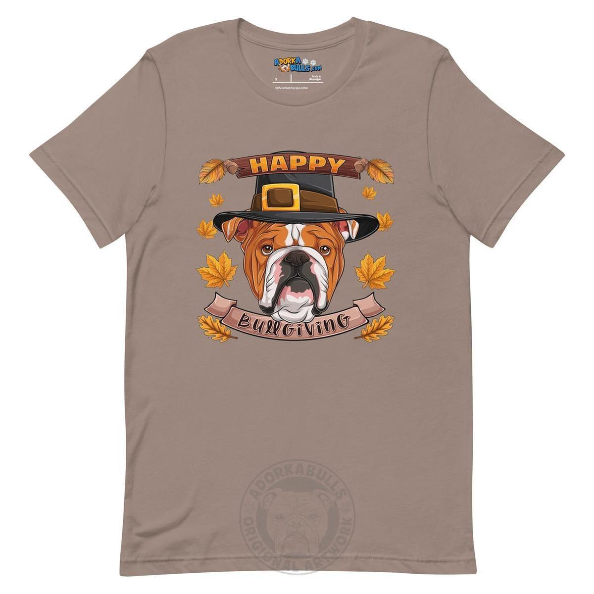 "Happy Bullgiving" English Bulldog Unisex Tee | Red & White Colored Male
