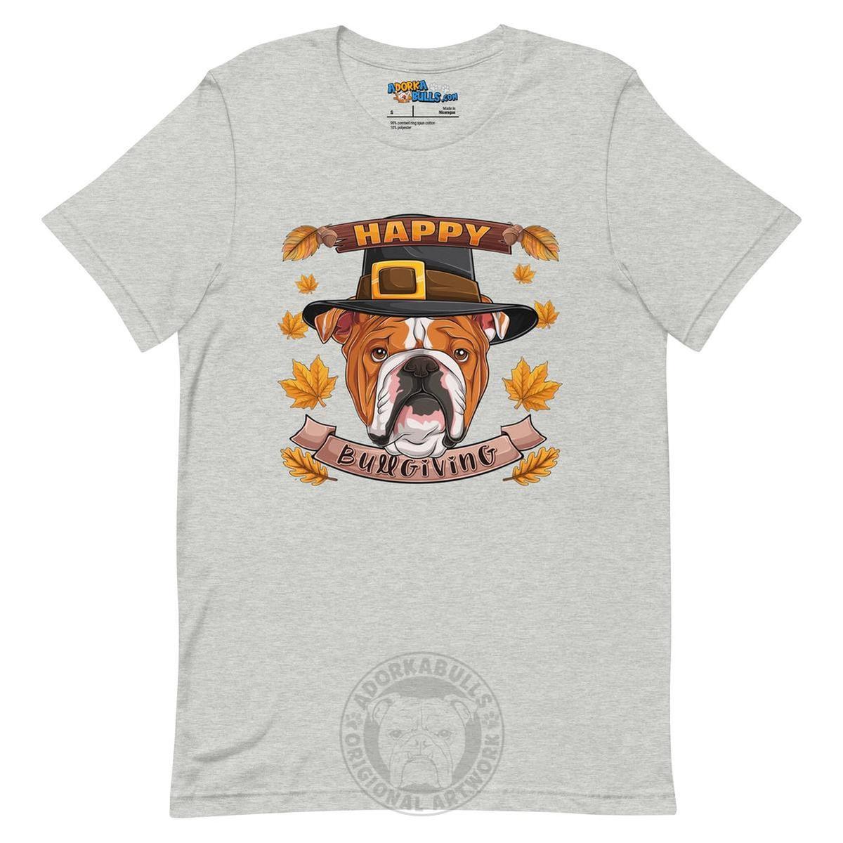 "Happy Bullgiving" English Bulldog Unisex Tee | Red & White Colored Male