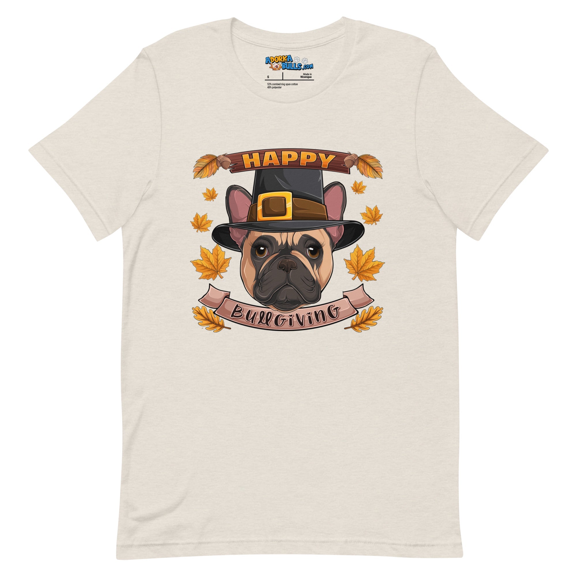 "Happy Bullgiving" French Bulldog Unisex Tee | Fawn & White Colored Female