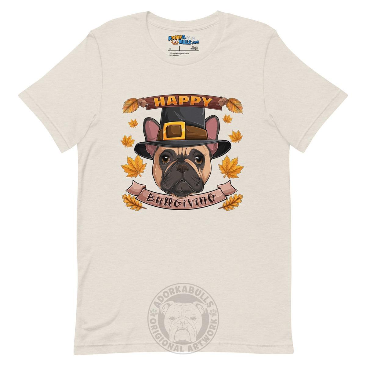 "Happy Bullgiving" French Bulldog Unisex Tee | Fawn & White Colored Female