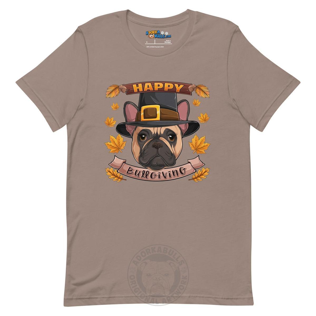 "Happy Bullgiving" French Bulldog Unisex Tee | Fawn & White Colored Female