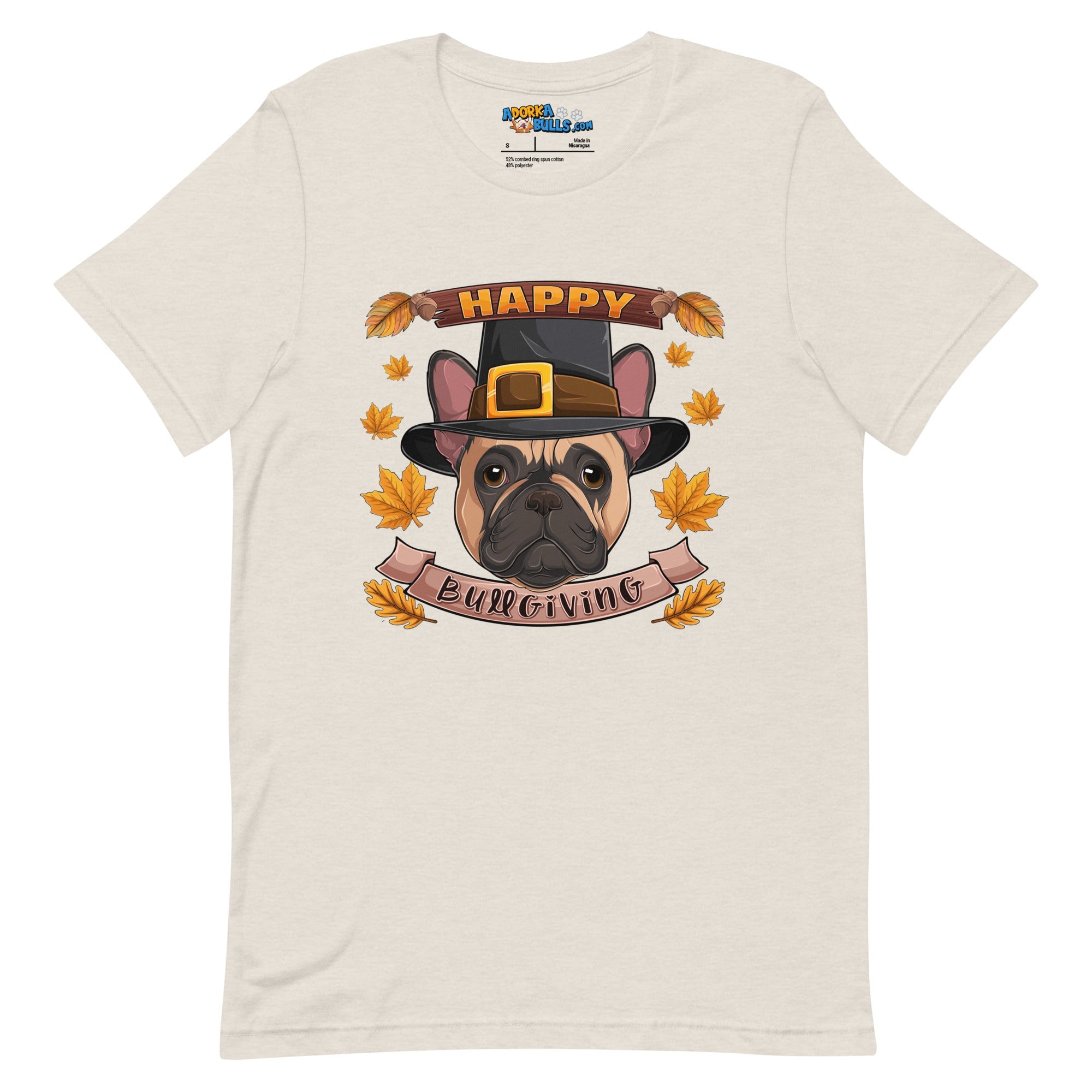 "Happy Bullgiving" French Bulldog Unisex Tee | Fawn & White Colored Male