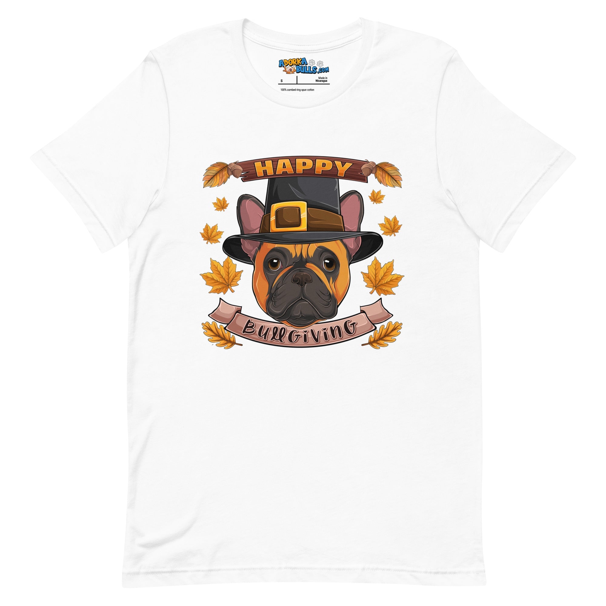 "Happy Bullgiving" French Bulldog Unisex Tee | Red & White Colored Female