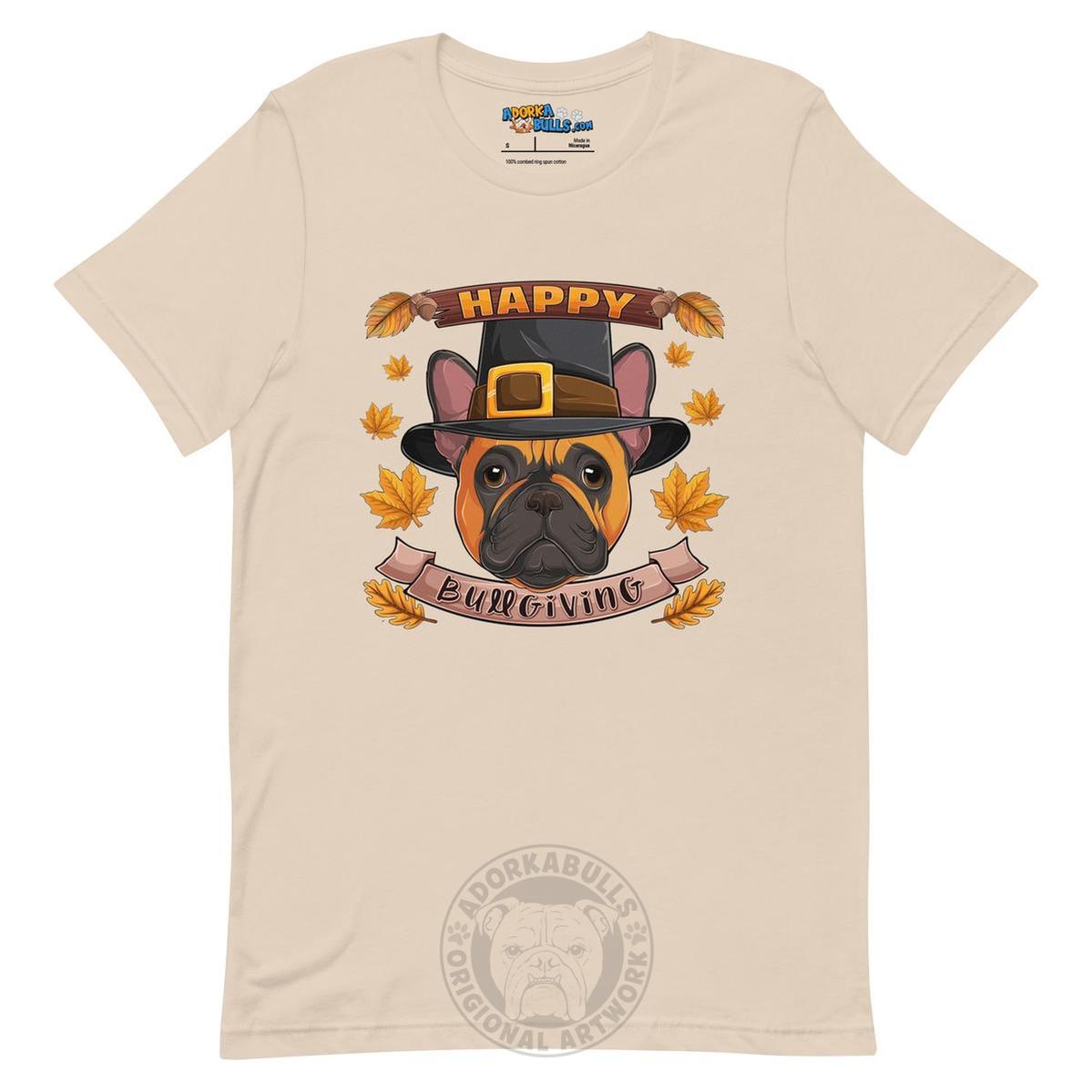 "Happy Bullgiving" French Bulldog Unisex Tee | Red & White Colored Male