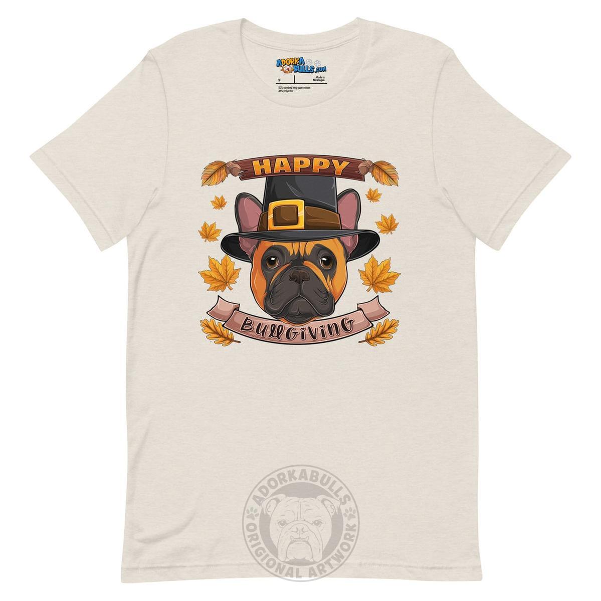 "Happy Bullgiving" French Bulldog Unisex Tee | Red & White Colored Male