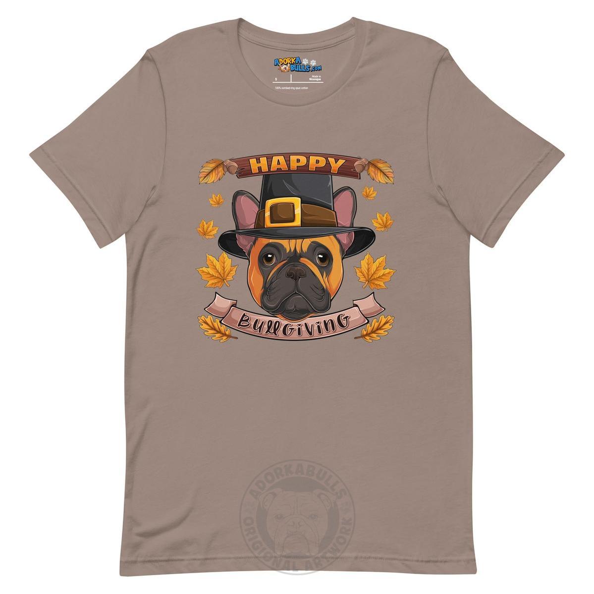 "Happy Bullgiving" French Bulldog Unisex Tee | Red & White Colored Male
