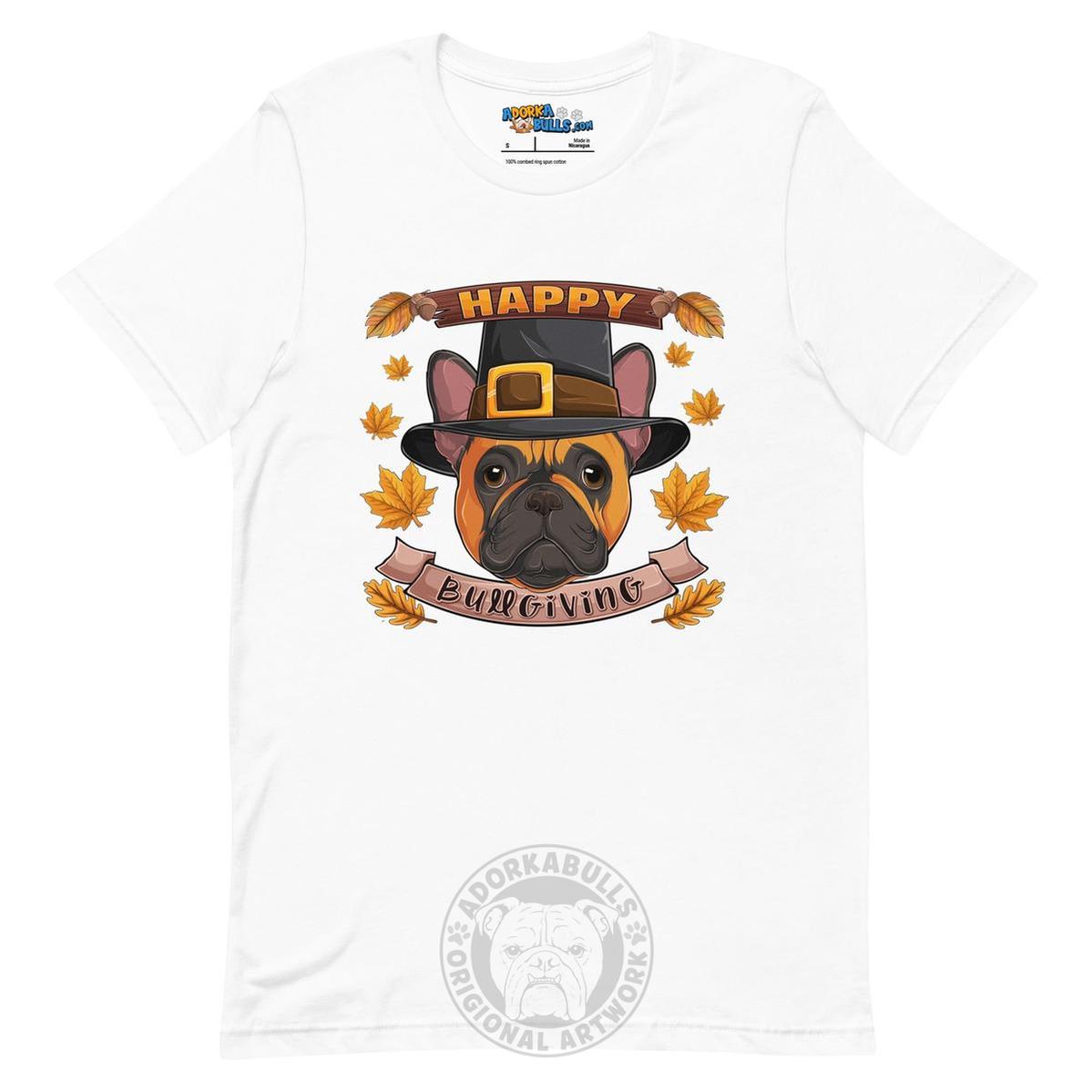 "Happy Bullgiving" French Bulldog Unisex Tee | Red & White Colored Male
