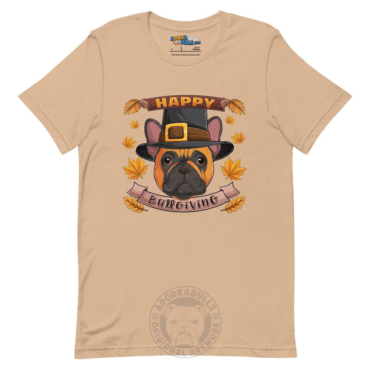 "Happy Bullgiving" French Bulldog Unisex Tee | Red & White Colored Male