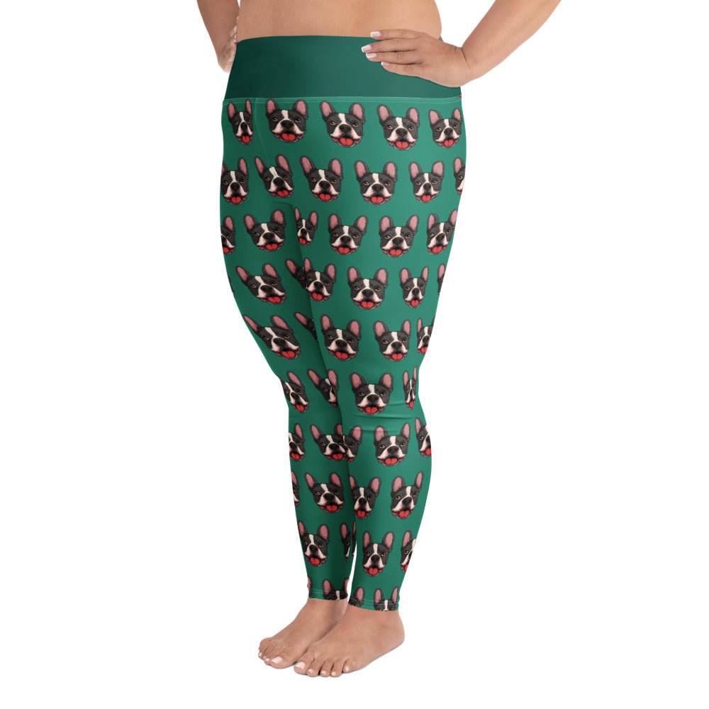 Happy French Bulldog Green Plus Size Leggings | Black & White Colored