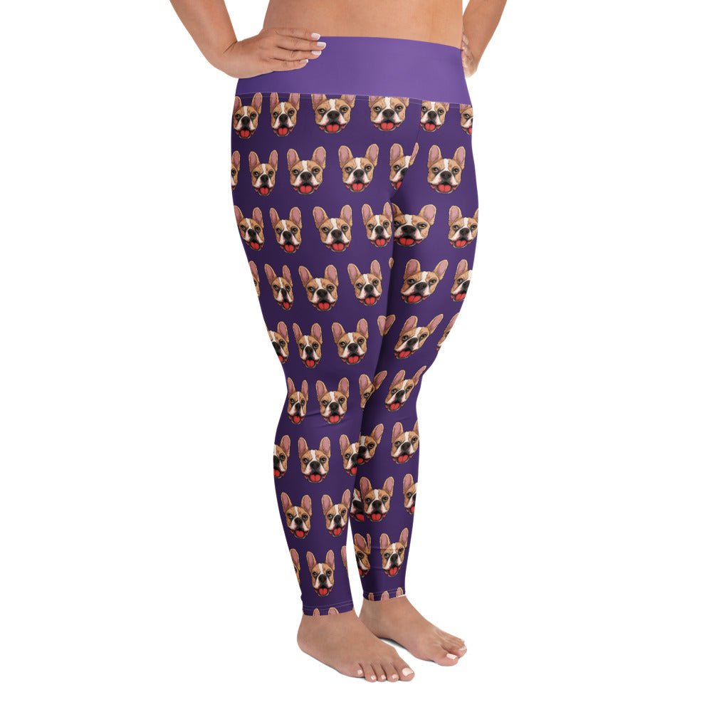 Happy French Bulldog Purple Plus Size Leggings | Fawn & White Colored