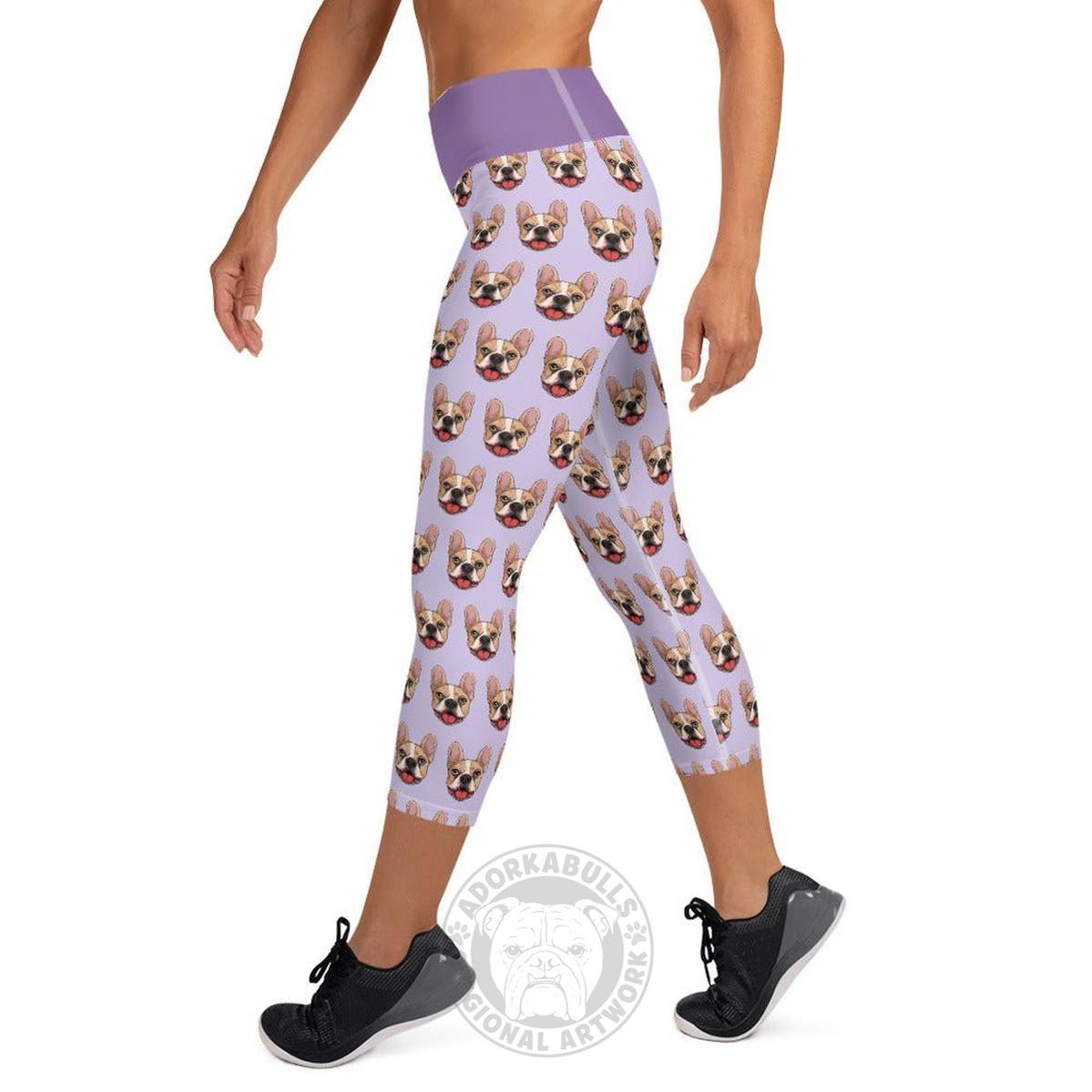 Happy French Bulldog Yoga Capri Leggings | Fawn & White Colored