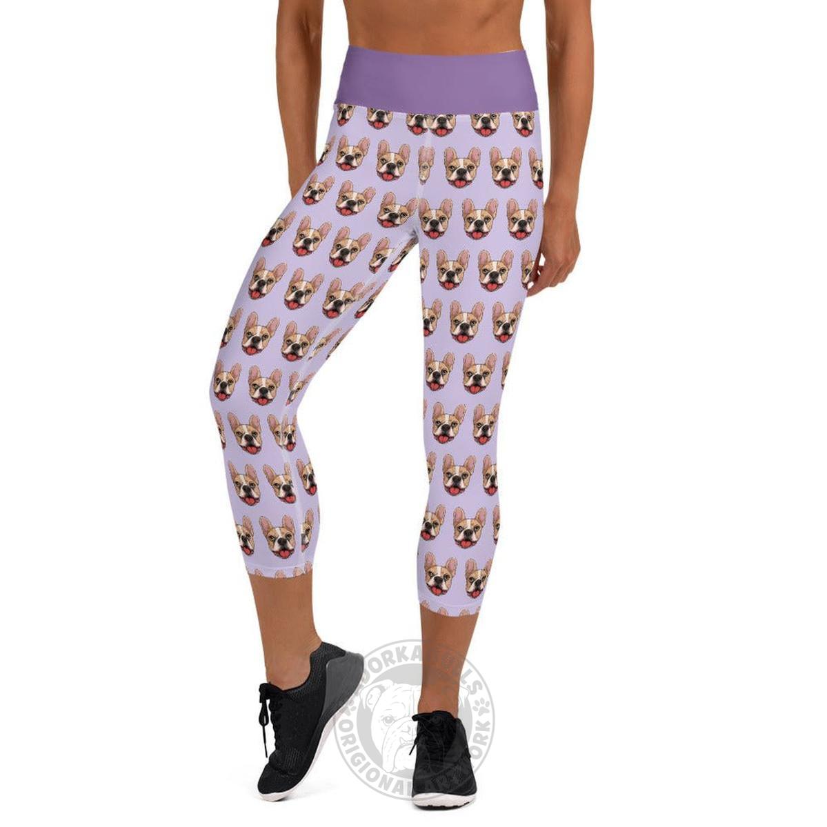 Happy French Bulldog Yoga Capri Leggings | Fawn & White Colored