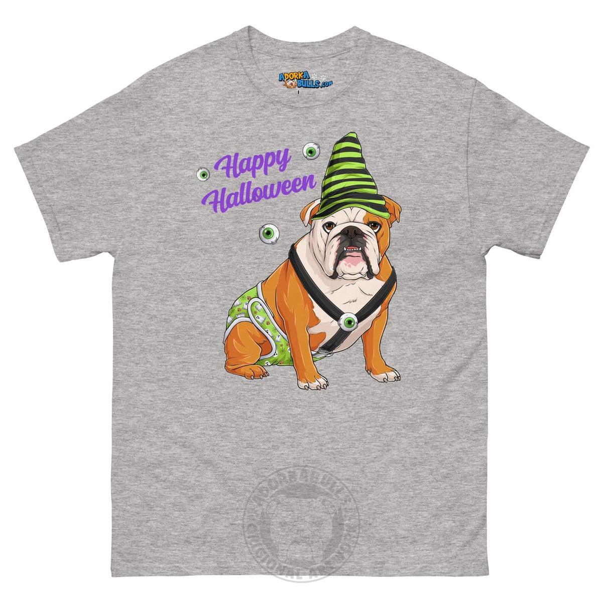 Happy Halloween Ghost tee with spina bifida, Male English Bulldog Red & White, Sport Grey