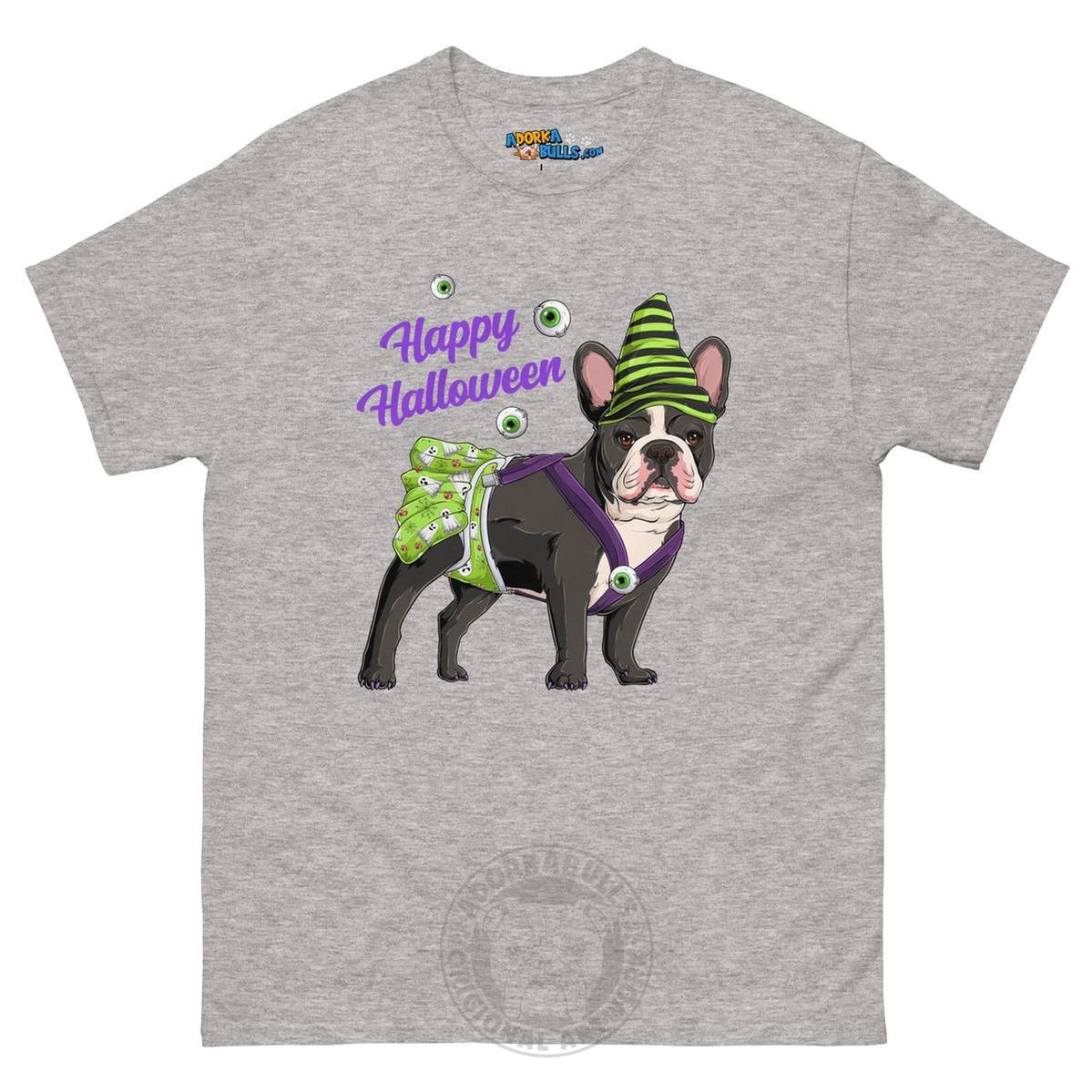 Happy Halloween Ghost tee with spina bifida, Female Frenchie Black & White, Sport Grey
