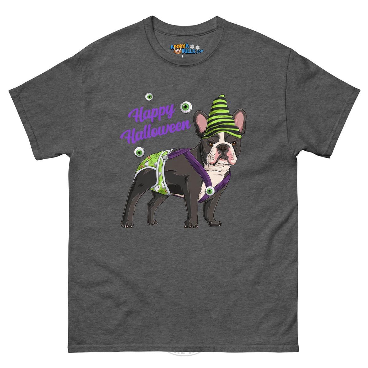 Happy Halloween Ghost tee with spina bifida, Male Frenchie Black & White, Dark Heather