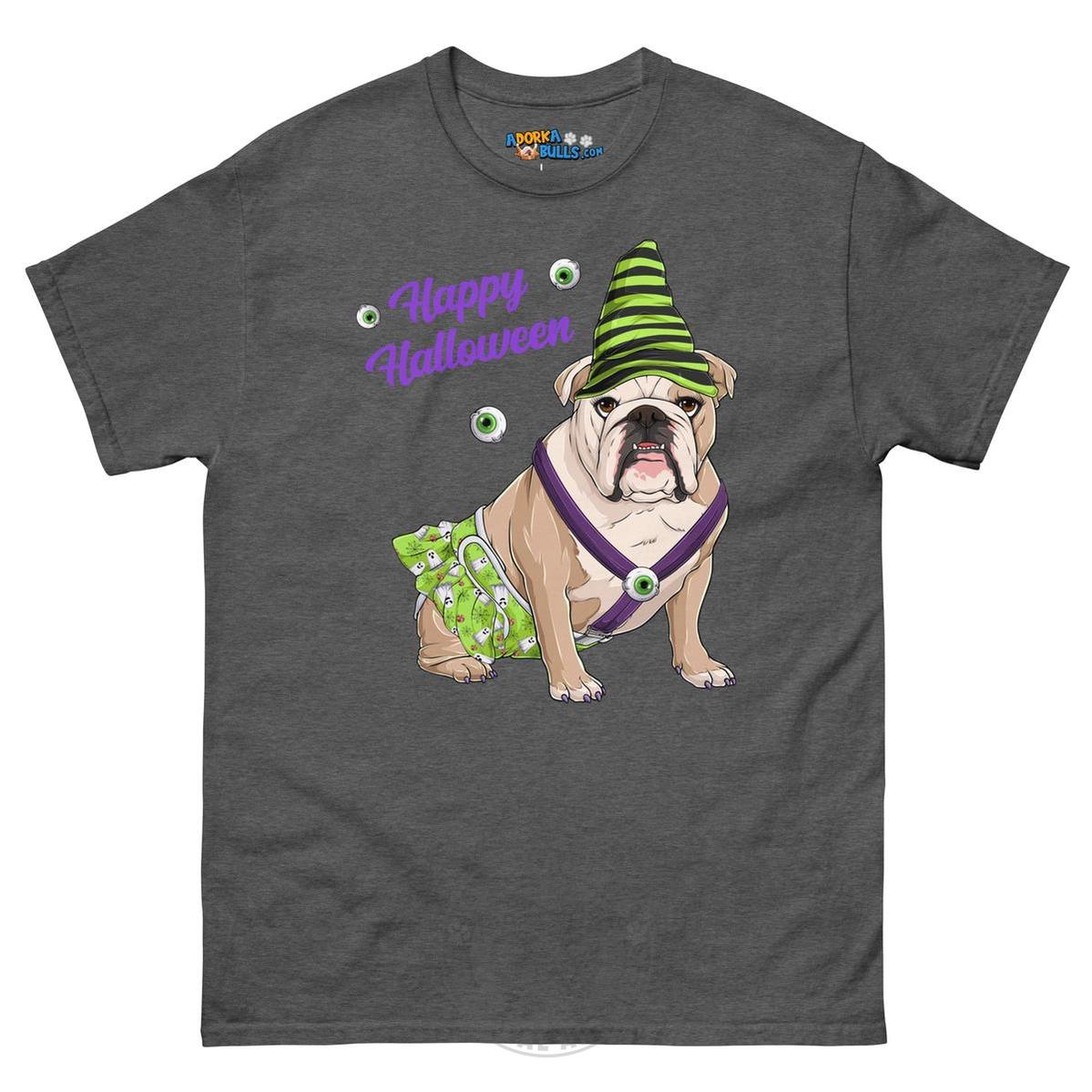 Happy Halloween Ghost tee with spina bifida, Female English Bulldog Fawn & White, Dark Heather