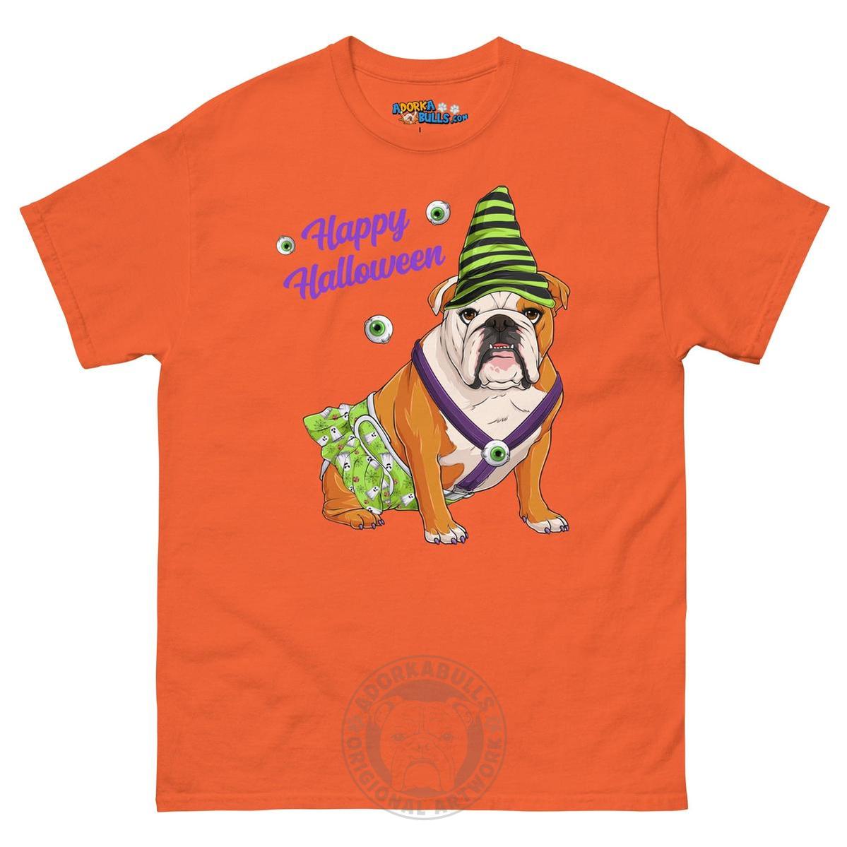 Happy Halloween Ghost tee with spina bifida, Female English Bulldog Red & White, Orange