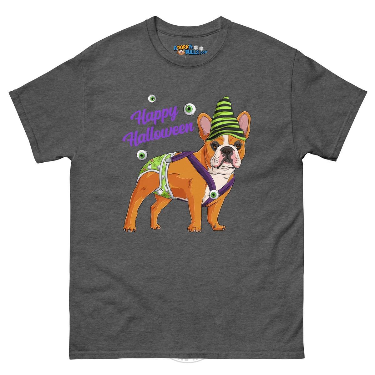 Happy Halloween Ghost tee with spina bifida, Male Frenchie Red & White, Dark Heather