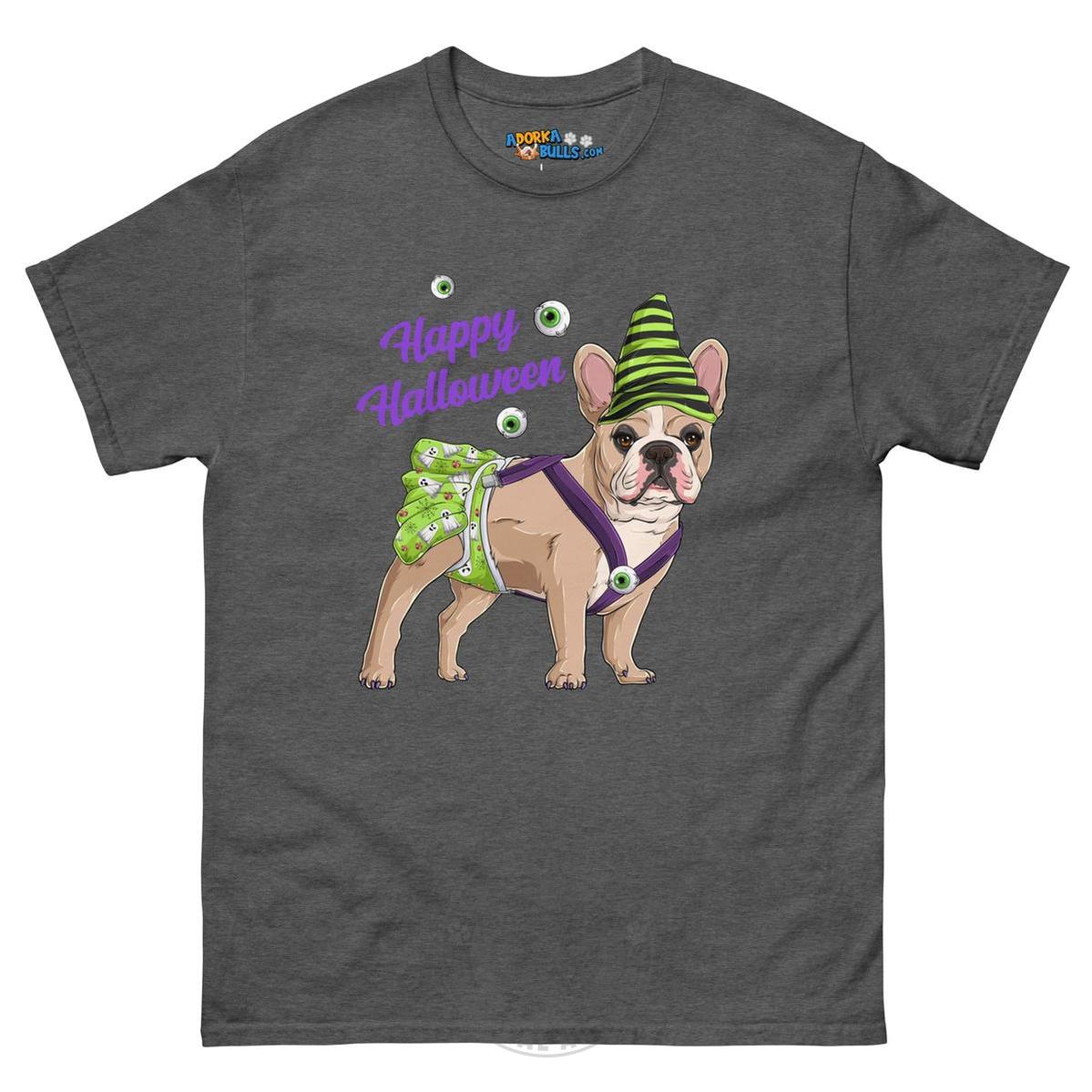 Happy Halloween Ghost tee with spina bifida, Female Frenchie Fawn & White, Dark Heather