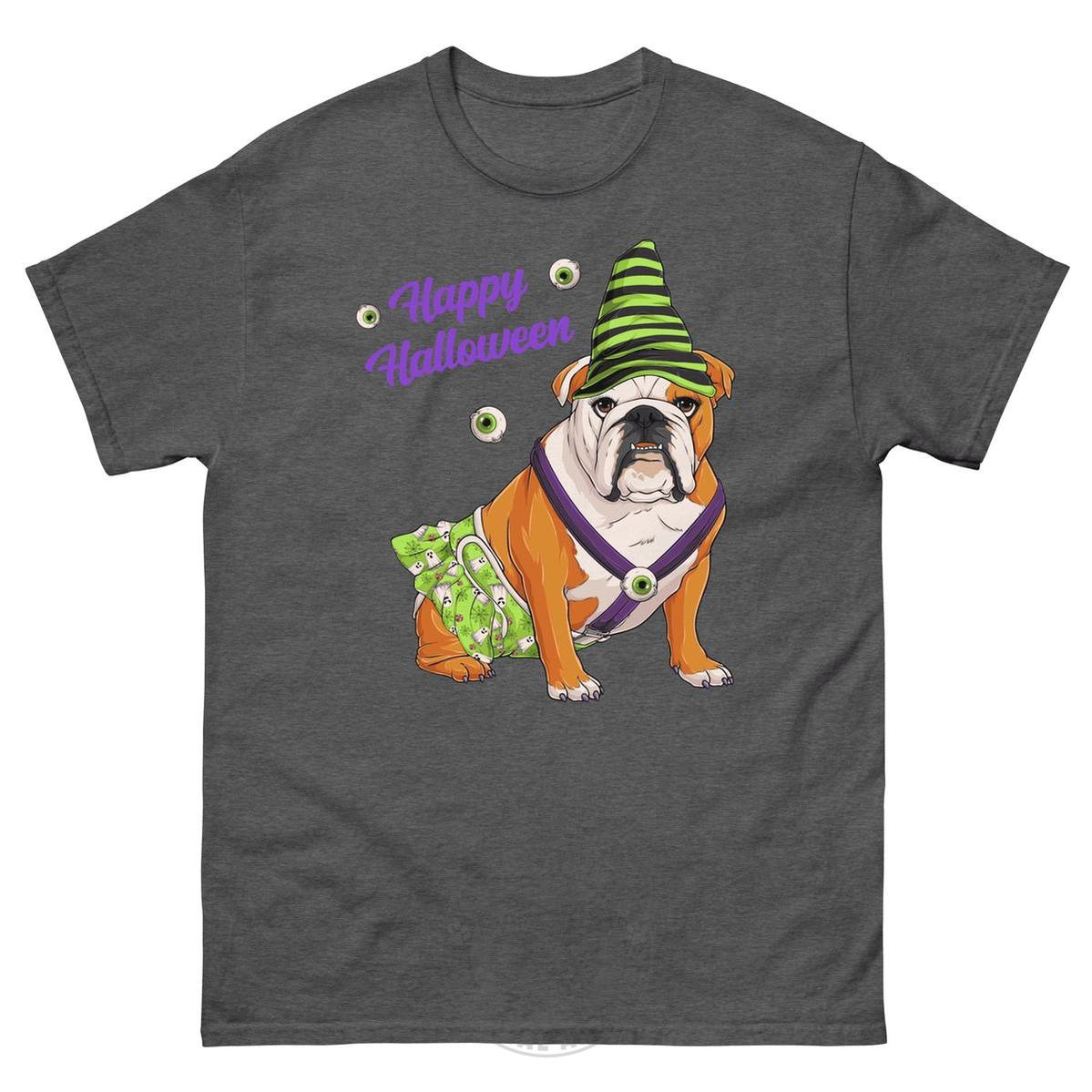 Happy Halloween Ghost tee with spina bifida, Female English Bulldog Red & White, Dark Heather