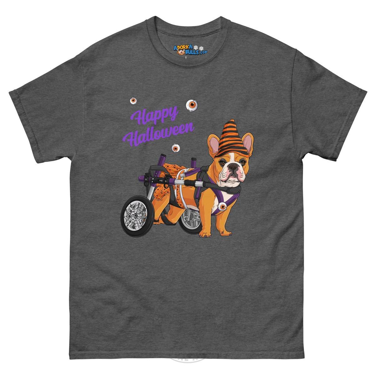 Happy Halloween Pumpkin Wheelchair Tee – Frenchie · Red & White · Female – Dark Heather