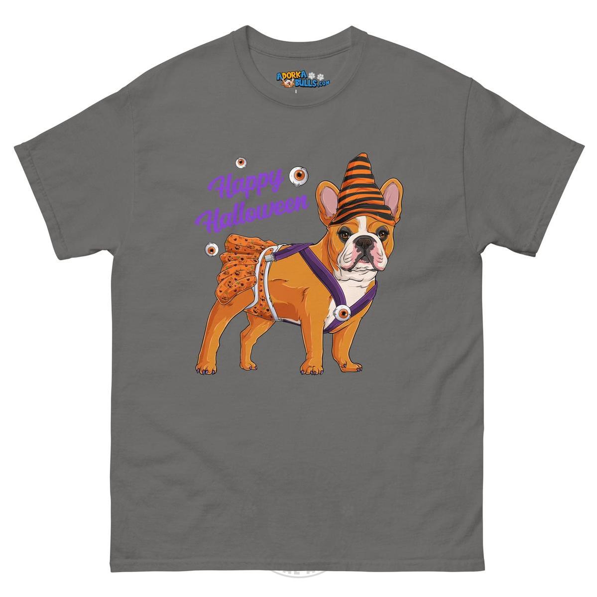 Happy Halloween Pumpkin tee with spina bifida, Frenchie Red & White Female, Charcoal
