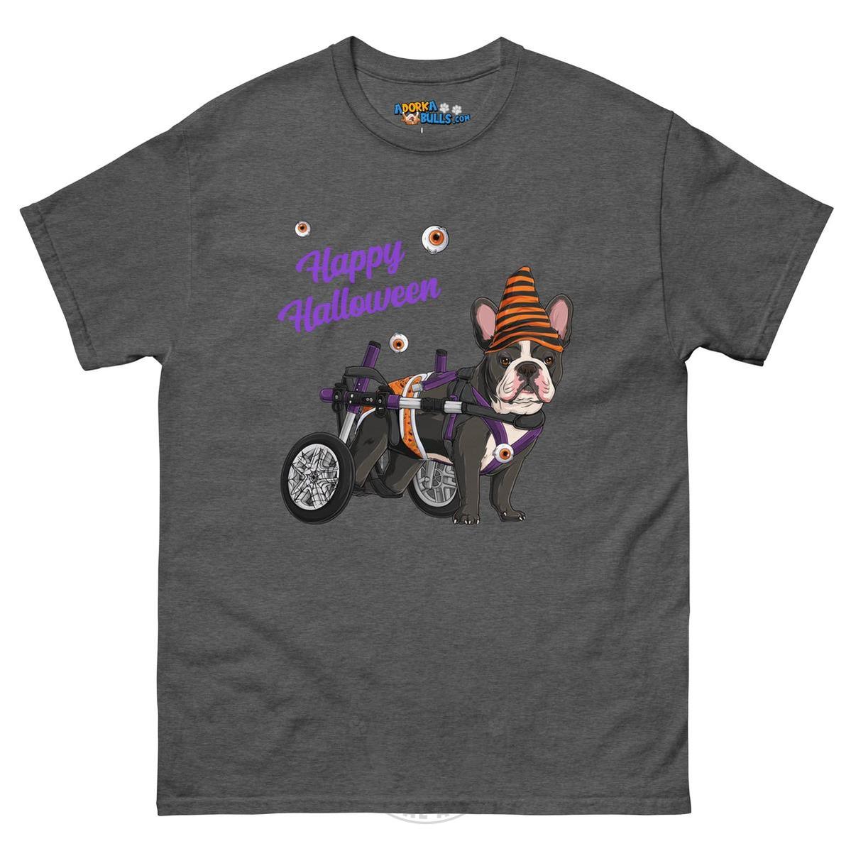 Happy Halloween Pumpkin Wheelchair Tee – Frenchie · Black & White · Male – Dark Heather