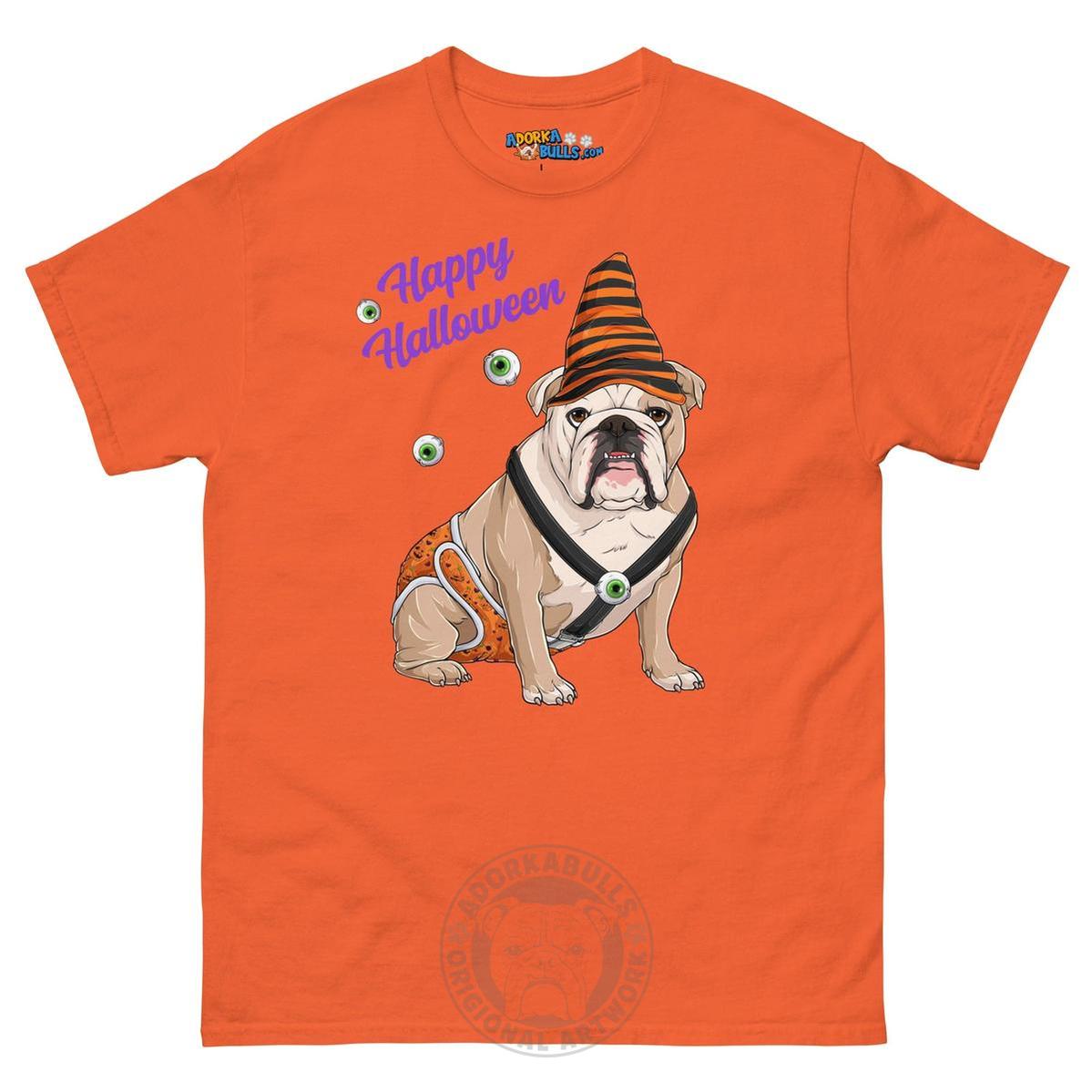Happy Halloween Pumpkin tee with spina bifida, English Bulldog Fawn & White Male, Orange