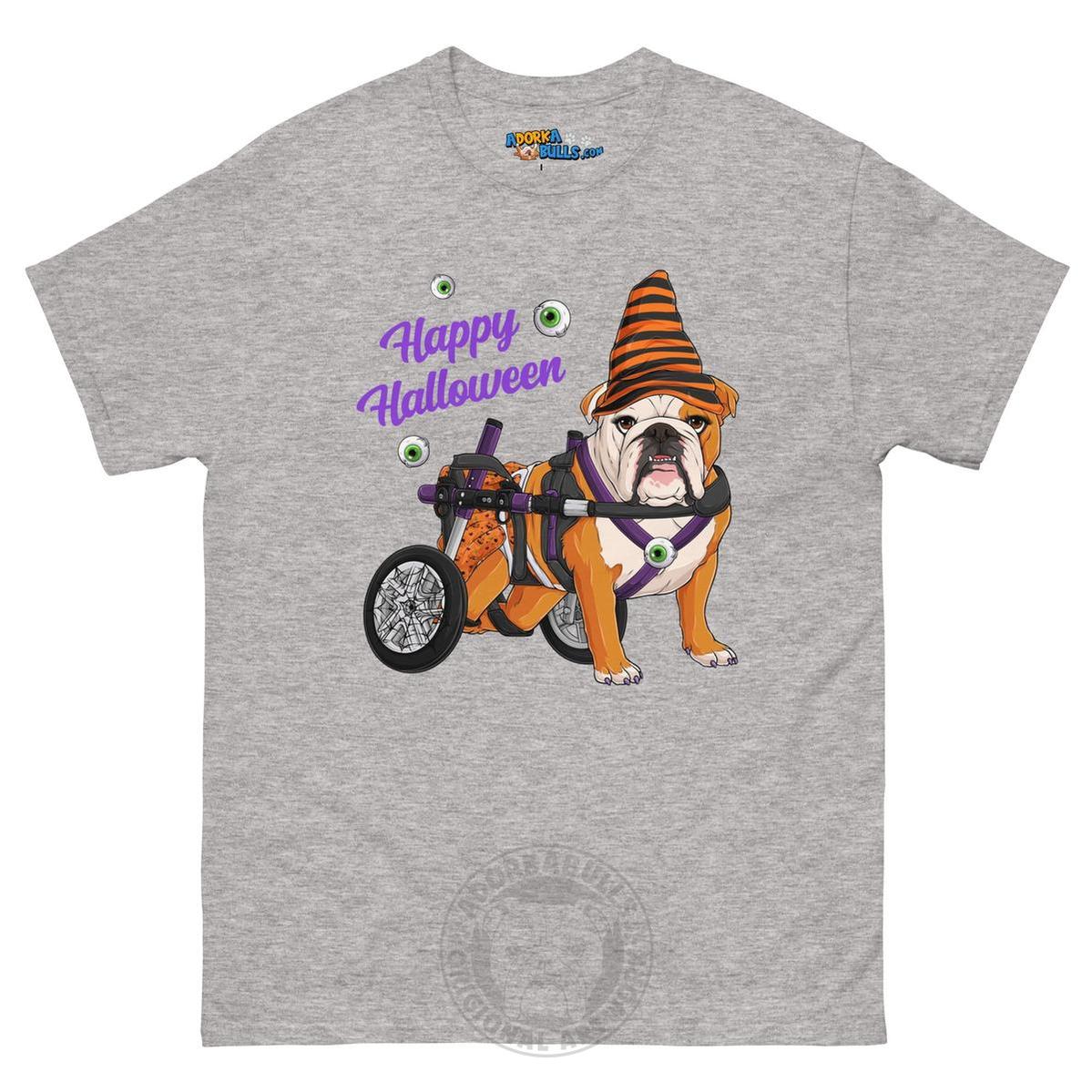 Happy Halloween Pumpkin Wheelchair Tee – English Bulldog · Red & White · Female – Sport Grey