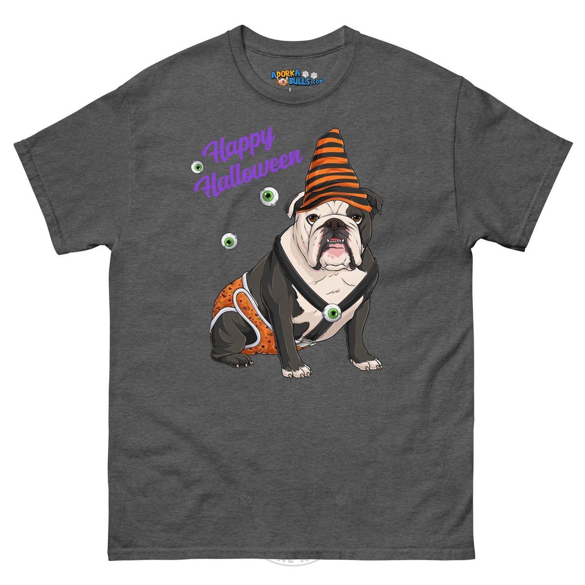 Happy Halloween Pumpkin tee with spina bifida, English Bulldog Black & White Male, Dark Heather