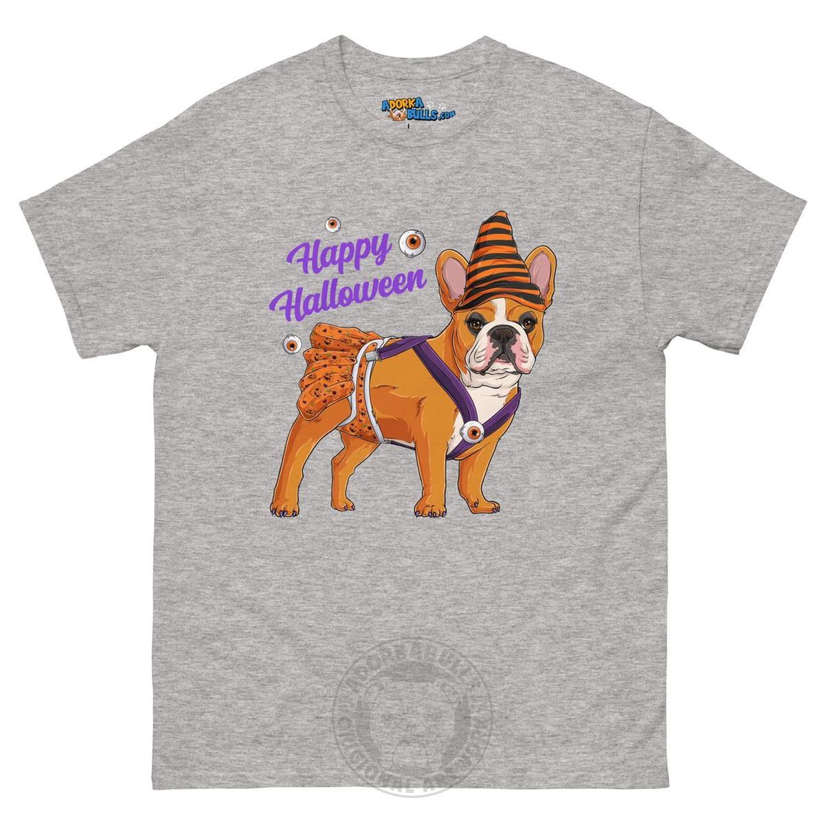 Happy Halloween Pumpkin tee with spina bifida, Frenchie Red & White Female, Sport Grey