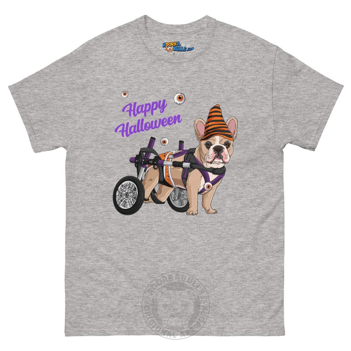 Happy Halloween Pumpkin Wheelchair Tee – Frenchie · Fawn & White · Male – Sport Grey