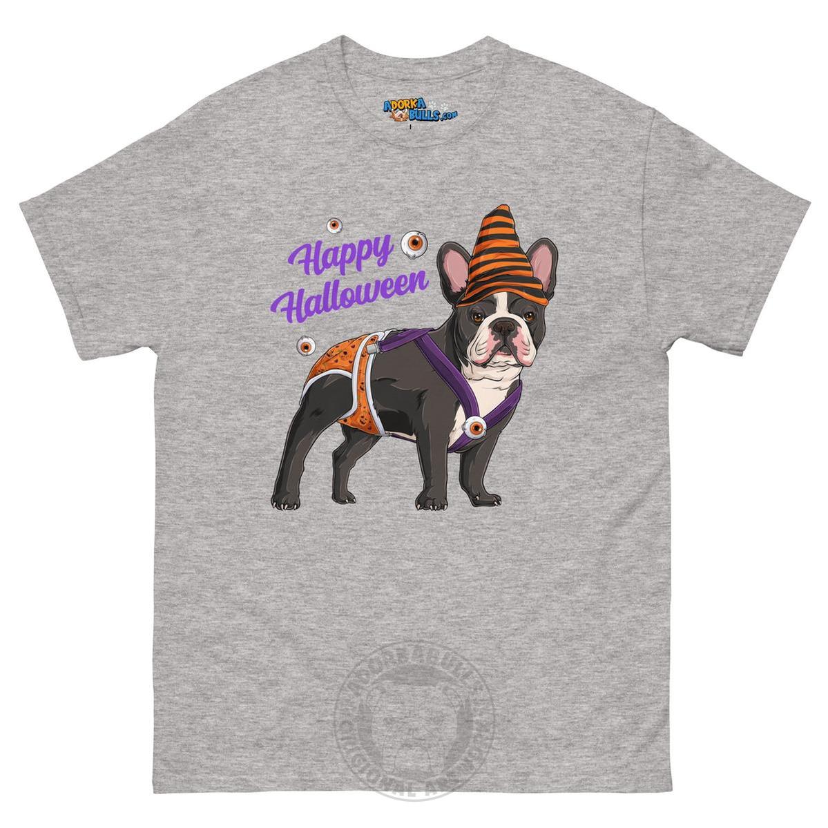 Happy Halloween Pumpkin tee with spina bifida, Frenchie Black & White Male, Sport Grey
