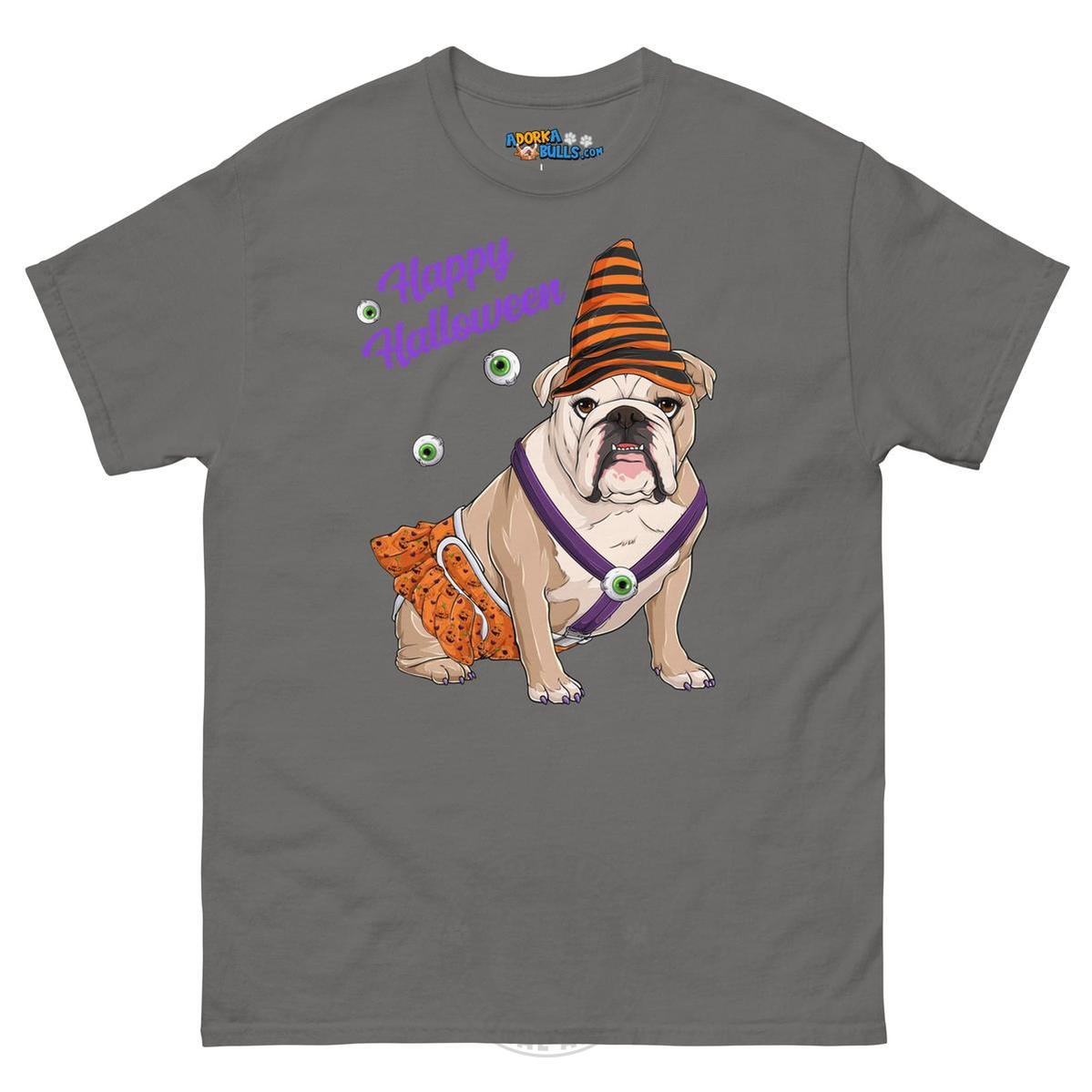 Happy Halloween Pumpkin tee with spina bifida, English Bulldog Fawn & White Female, Charcoal
