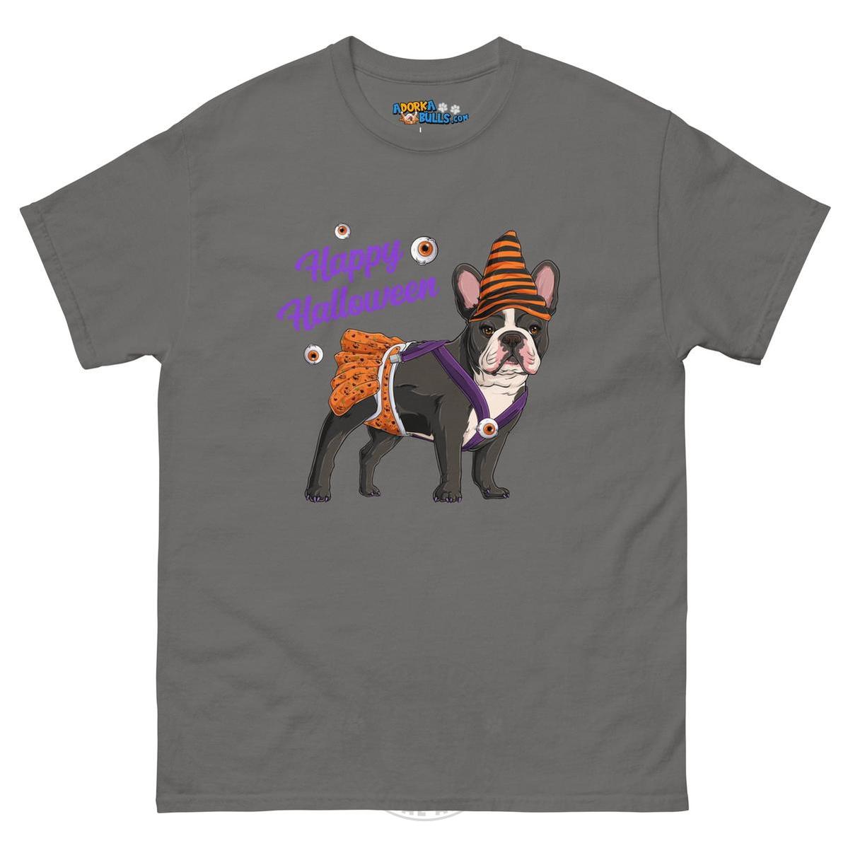 Happy Halloween Pumpkin tee with spina bifida, Frenchie Black & White Female, Charcoal