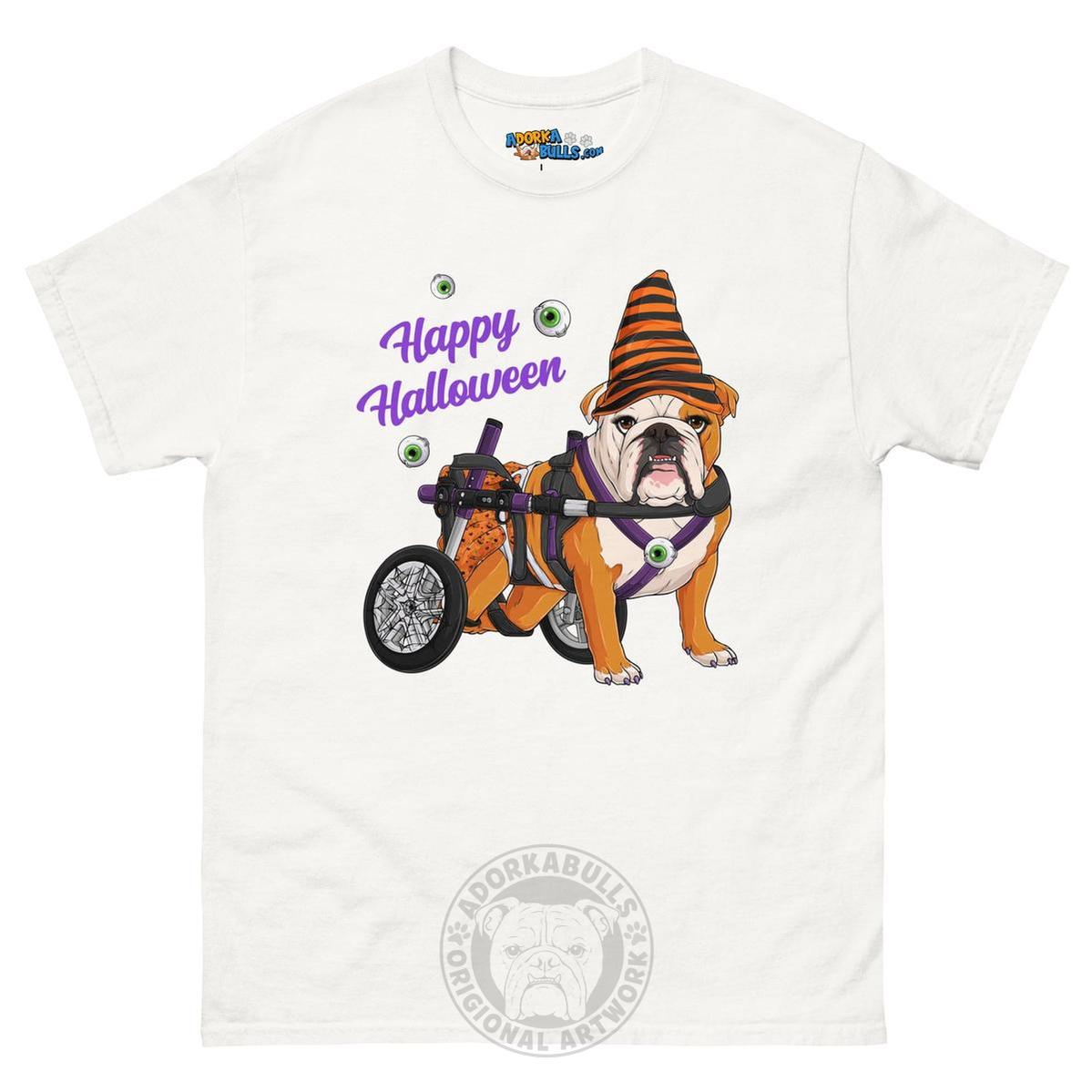 Happy Halloween Pumpkin Wheelchair Tee – English Bulldog · Red & White · Female – White