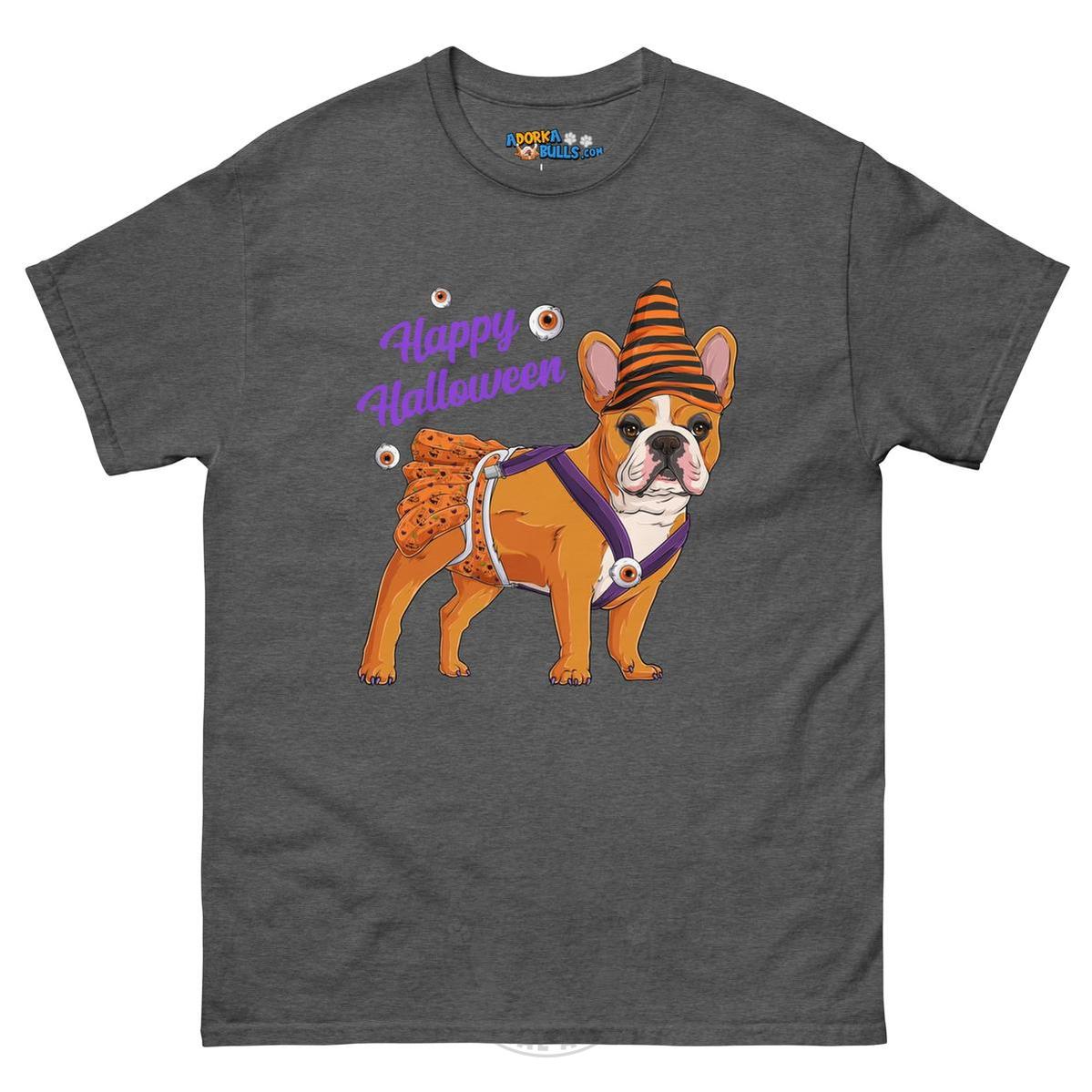 Happy Halloween Pumpkin tee with spina bifida, Frenchie Red & White Female, Dark Heather