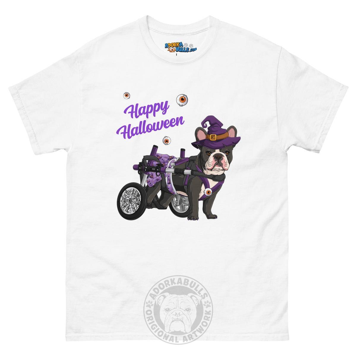 Happy Halloween Witch Wheelchair Tee – Frenchie · Black & White · Female – White