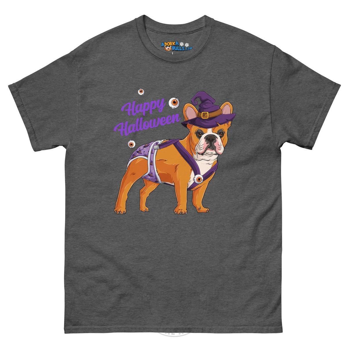 Happy Halloween Witch Spina Bifida Tee – Frenchie · Red & White · Male – Dark Heather