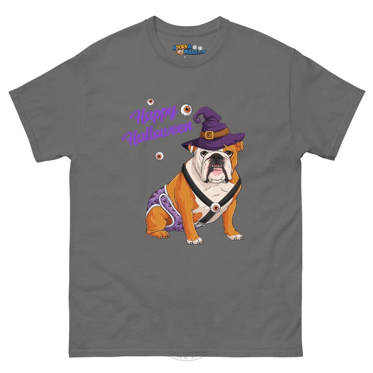 Happy Halloween Witch Spina Bifida Tee – English Bulldog · Red & White · Male – Charcoal
