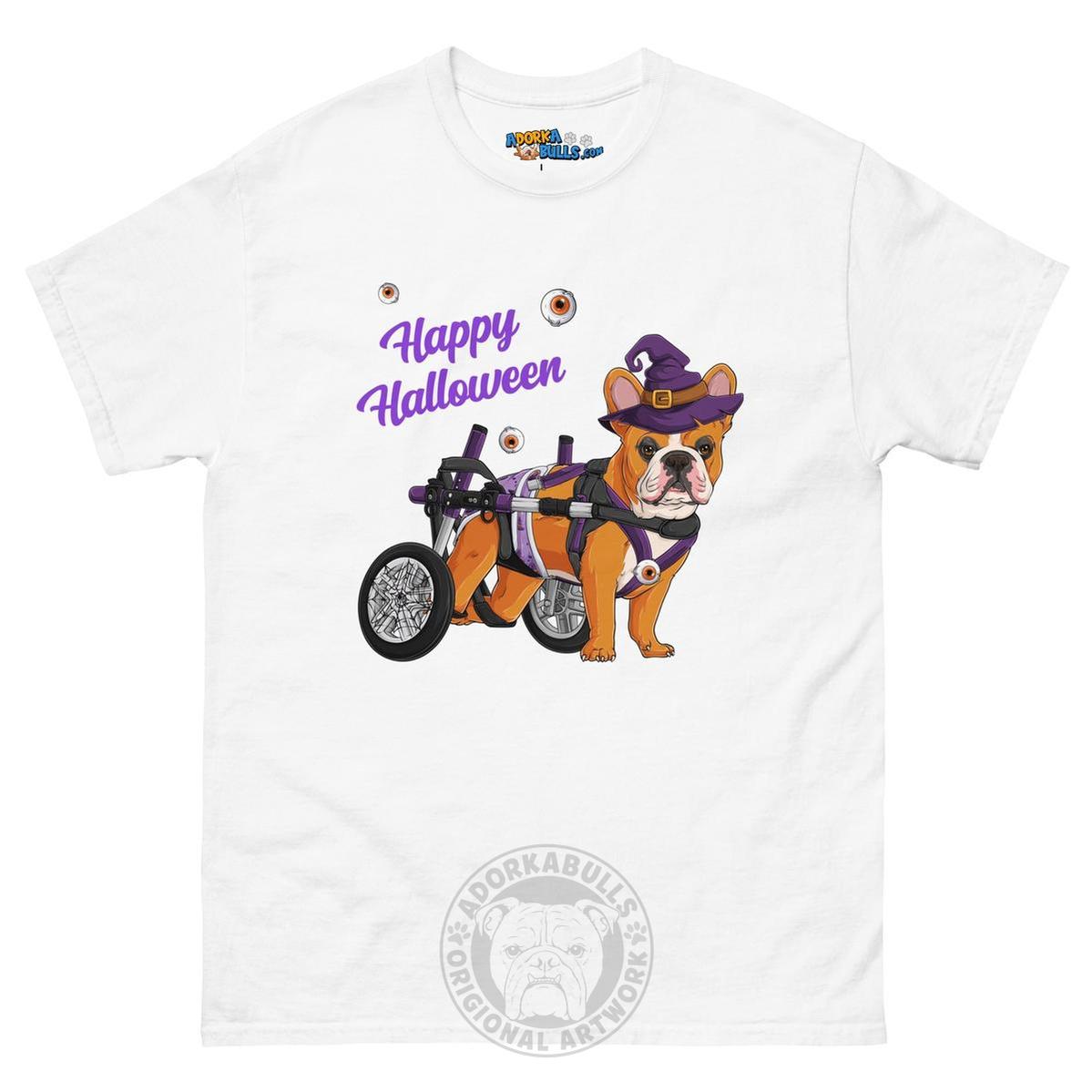 Happy Halloween Witch Wheelchair Tee – Frenchie · Red & White · Male – White