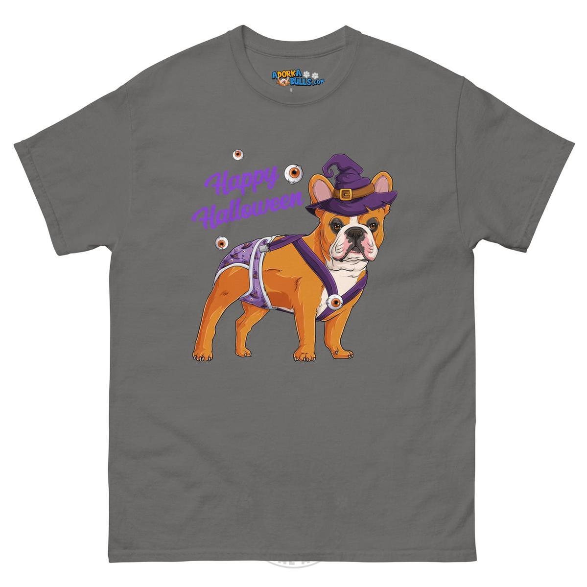 Happy Halloween Witch Spina Bifida Tee – Frenchie · Red & White · Male – Charcoal