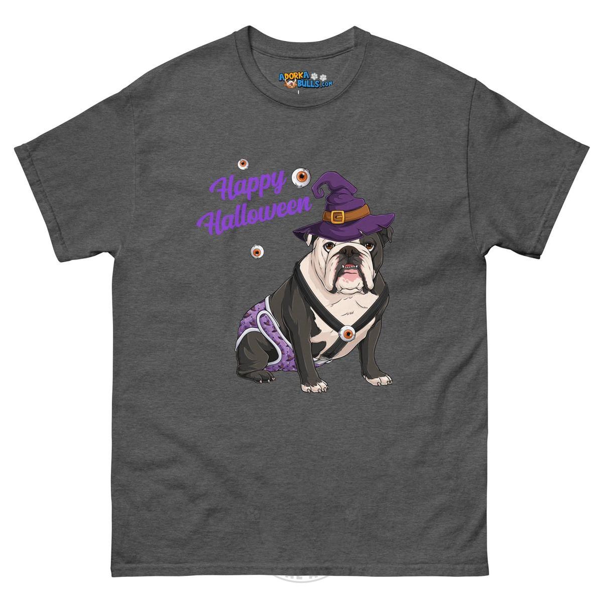 Happy Halloween Witch Spina Bifida Tee – English Bulldog · Black & White · Male – Dark Heather