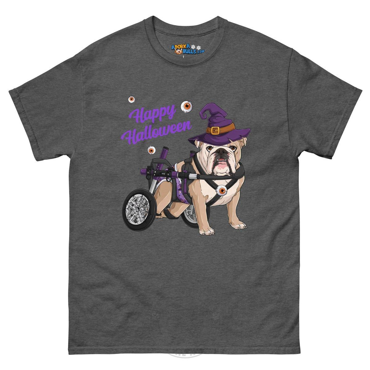Happy Halloween Witch Wheelchair Tee – English Bulldog · Fawn & White · Male – Dark Heather