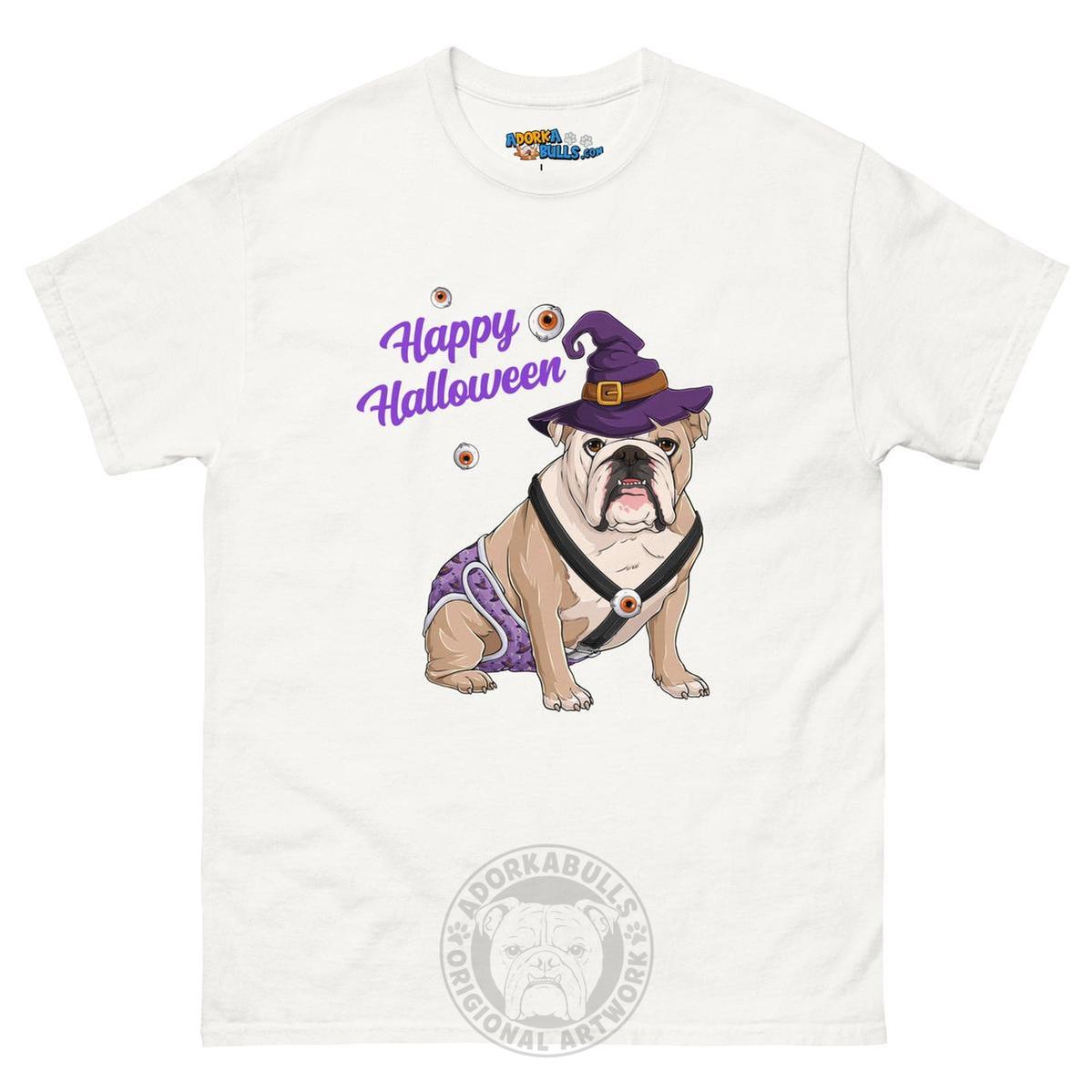 Happy Halloween Witch Spina Bifida Tee – English Bulldog · Fawn & White · Male – White