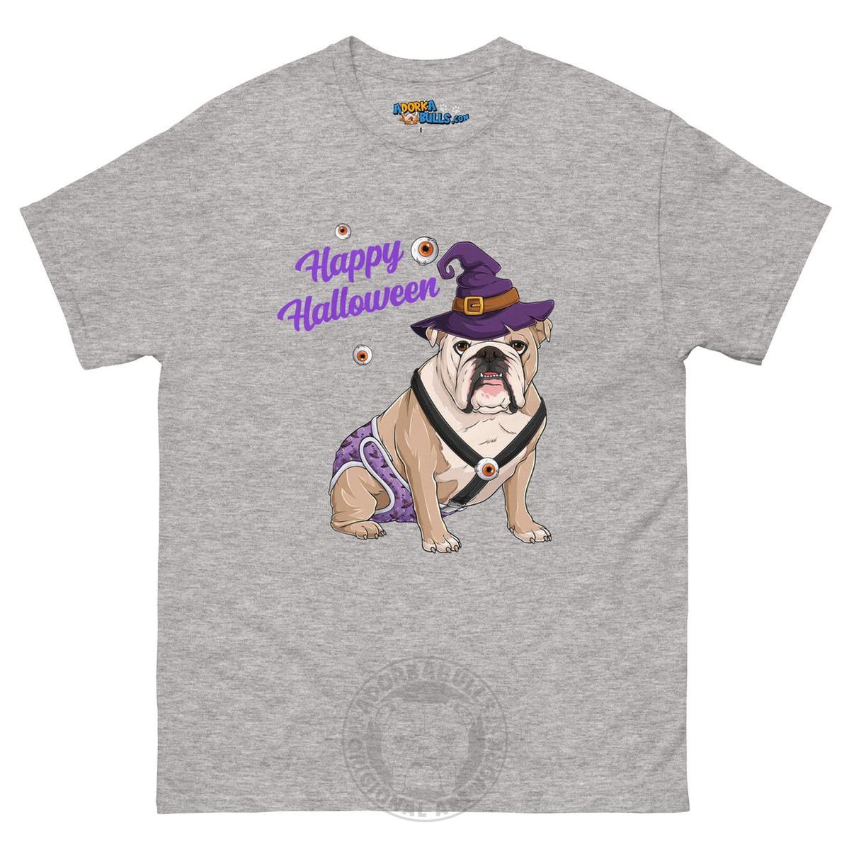 Happy Halloween Witch Spina Bifida Tee – English Bulldog · Fawn & White · Male – Sport Grey
